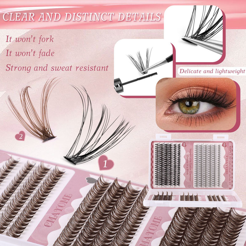 480Pcs Thick Fluffy Individual Eyelashes Black + Brown DIY Cluster Lashes Kit with Lash Bond & Seal Hand Made Reusable D Curled DIY Segmented Eyelash 