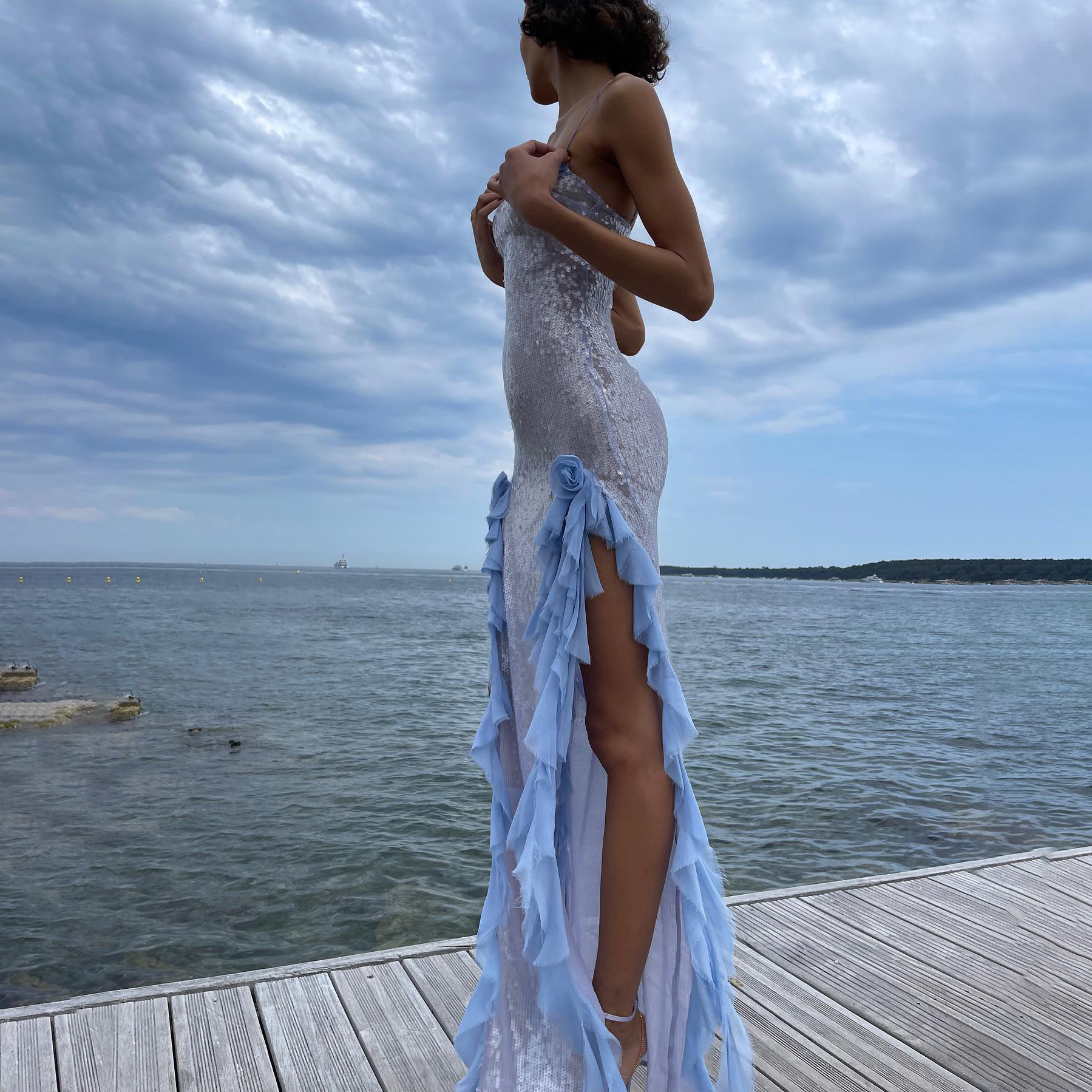 Evening Dress Sexy Sheer Long Dress Sequin Ruffled Dress Three-dimensional Flower Fringe Strap Dress