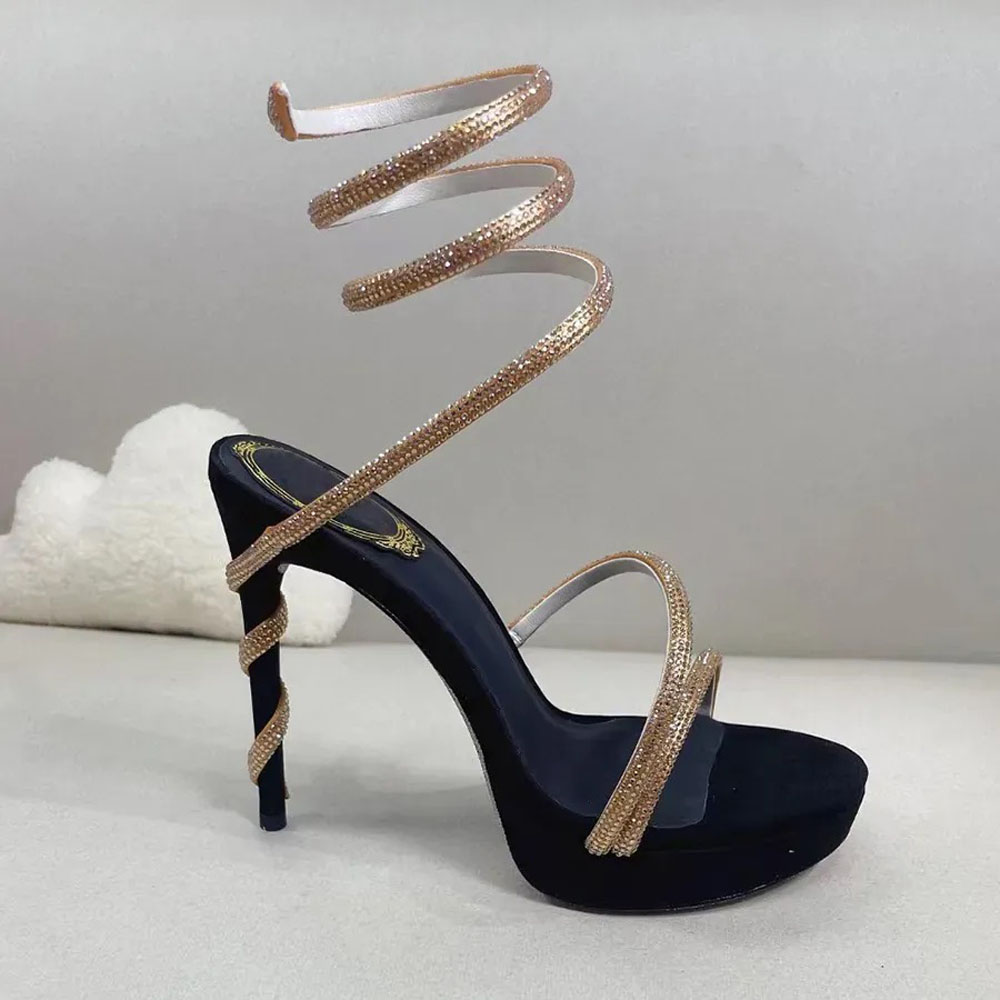 Crystal-embellished platform sandals Snake Strass stiletto Heels women's high heeled Luxury Designers Ankle Wraparound Evening shoes Crystal lamp sandals 34-43