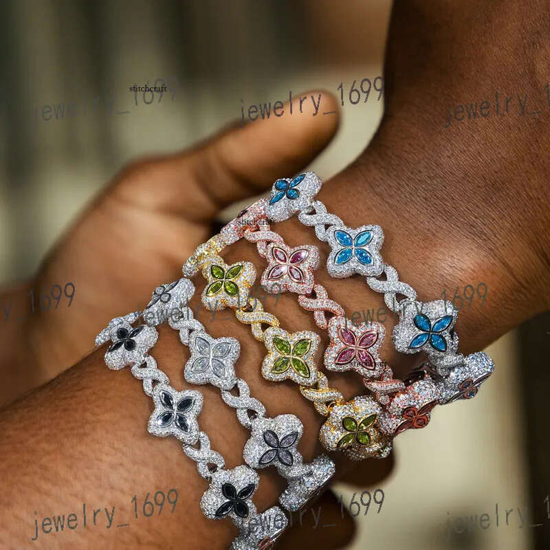 Hip Hop Fashion Bracelet 13mm Brass Blue Sier Colored Dia Four Leaf Clover Infinity Link for Parties and Lovers