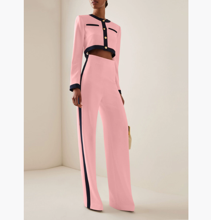 Women's Two Piece Pants Fashion Set Women Round Neck Long Sleeve Patchwork Singe Breasted Button Top Loose Wide Legs Casual Sets Autumn