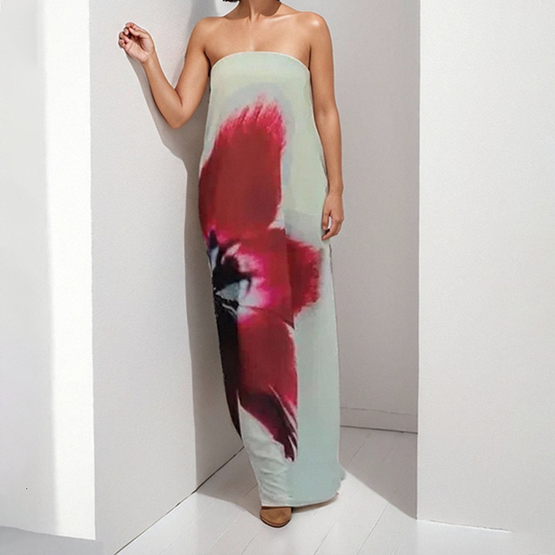 Summer New Cross-border Womens Fashion Color-block Sleeveless Sexy Printed Tube Top Long Dress for Women