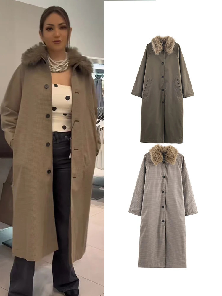 TFMLN Womens Reversible Long Windbreaker 2025 Autumn Winter Fashion Fur Collar Double Sided Outerwear Leisure Streetwear 251231