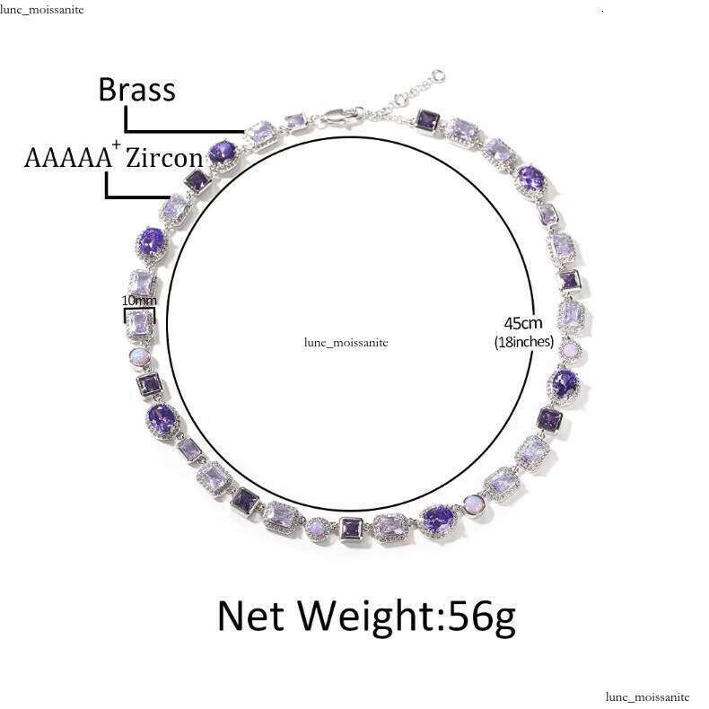 VVS Moissanite Hot Sale Luxury 10mm Geometric Purple Gemstone Necklace High-Quality Brass Chain Rhodium Fashion Hip-Hop Unisex