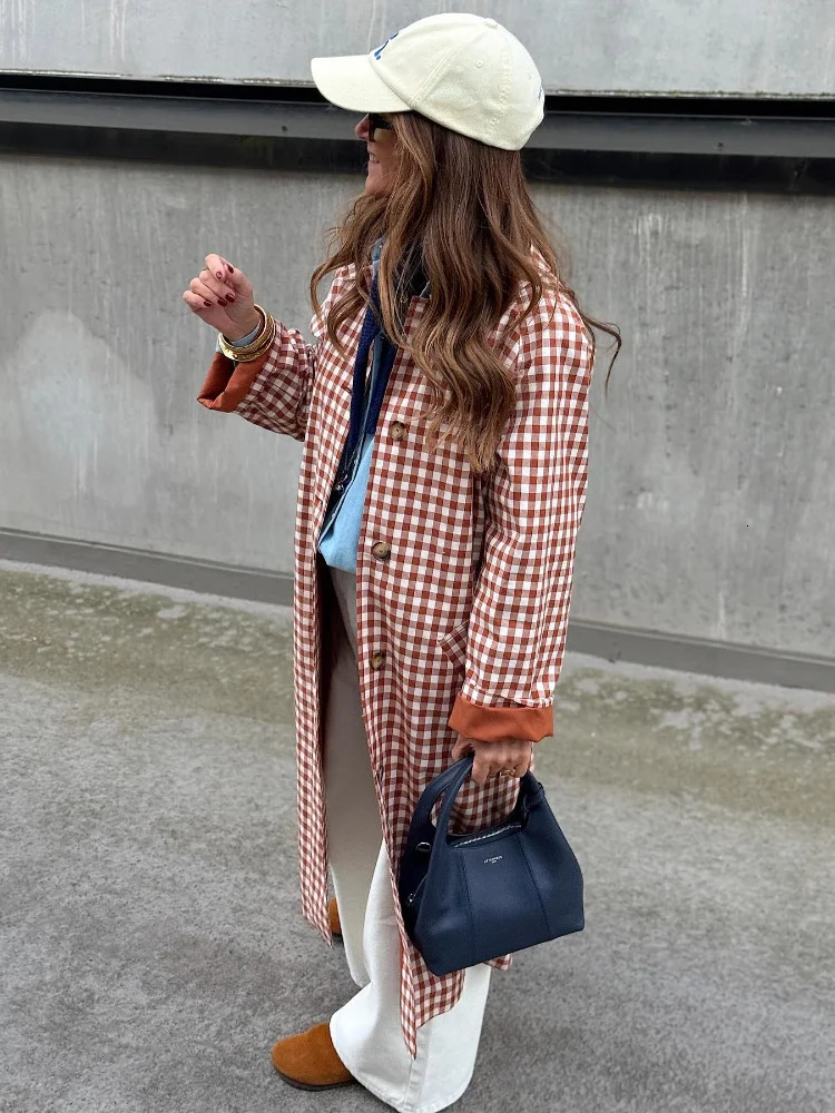 Red Plaid Long Trench Coat Women Chic Lapel Single Breasted Full Sleeve Windbreaker Jacket 2025 Autumn Lady Street Outwear 251231