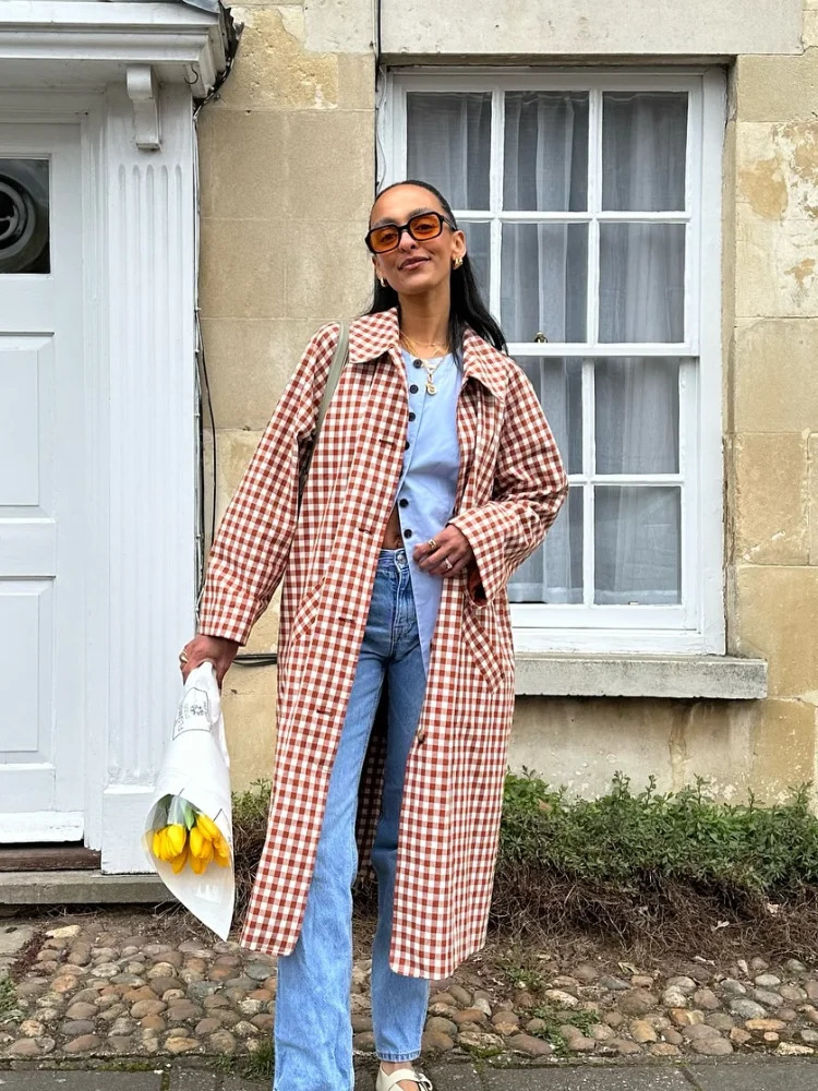 Red Plaid Long Trench Coat Women Chic Lapel Single Breasted Full Sleeve Windbreaker Jacket 2025 Autumn Lady Street Outwear 251231