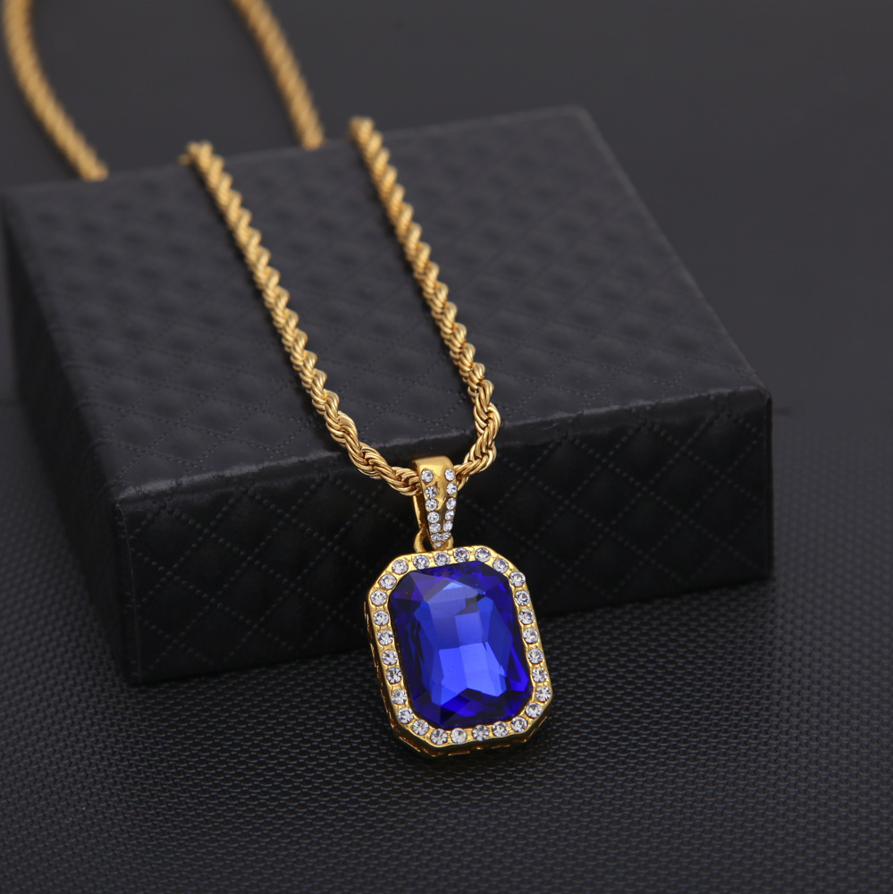 New Trendy Men Necklace Yellow Gold Plated Ruby Pendant Necklaces with Rope Chain Nice Gift for Boy Friend