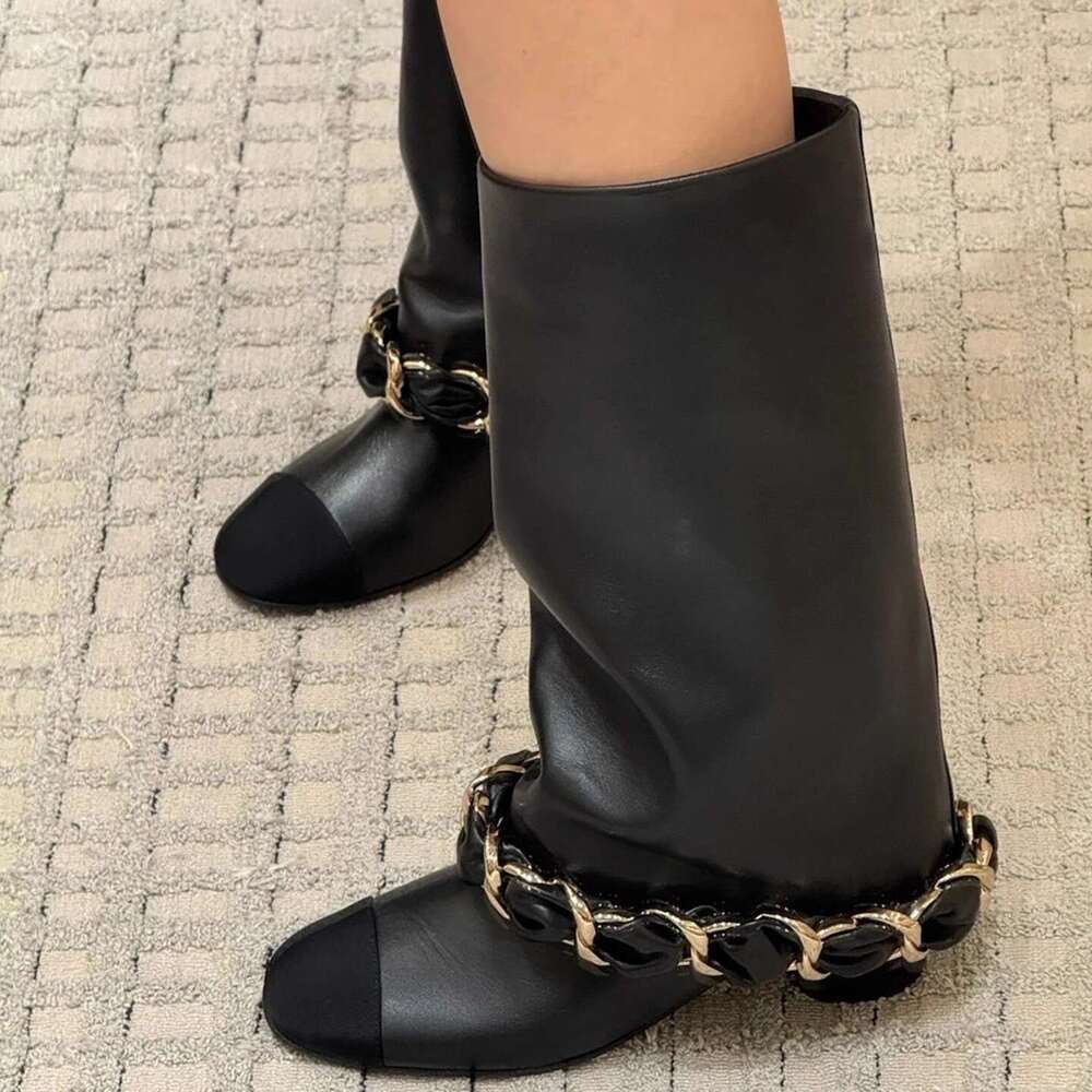 2025 New Style Chunky Heel High Tube Metal Chain for Women Fashion Slimming Straight Over-the-Knee Riding Boots