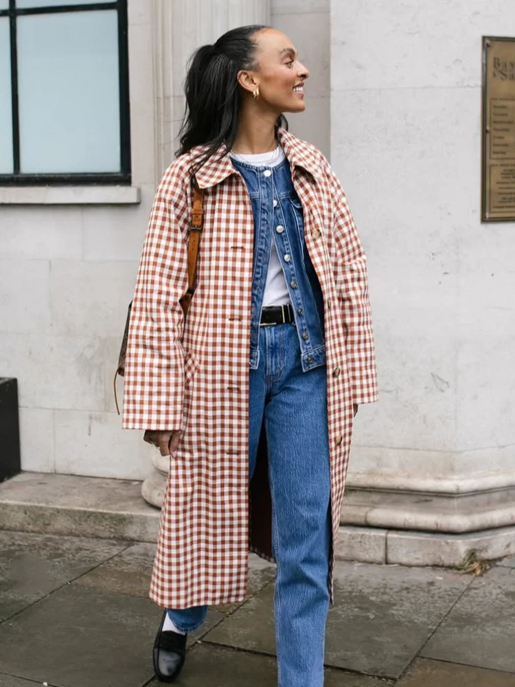 Red Plaid Long Trench Coat Women Chic Lapel Single Breasted Full Sleeve Windbreaker Jacket 2025 Autumn Lady Street Outwear 251231
