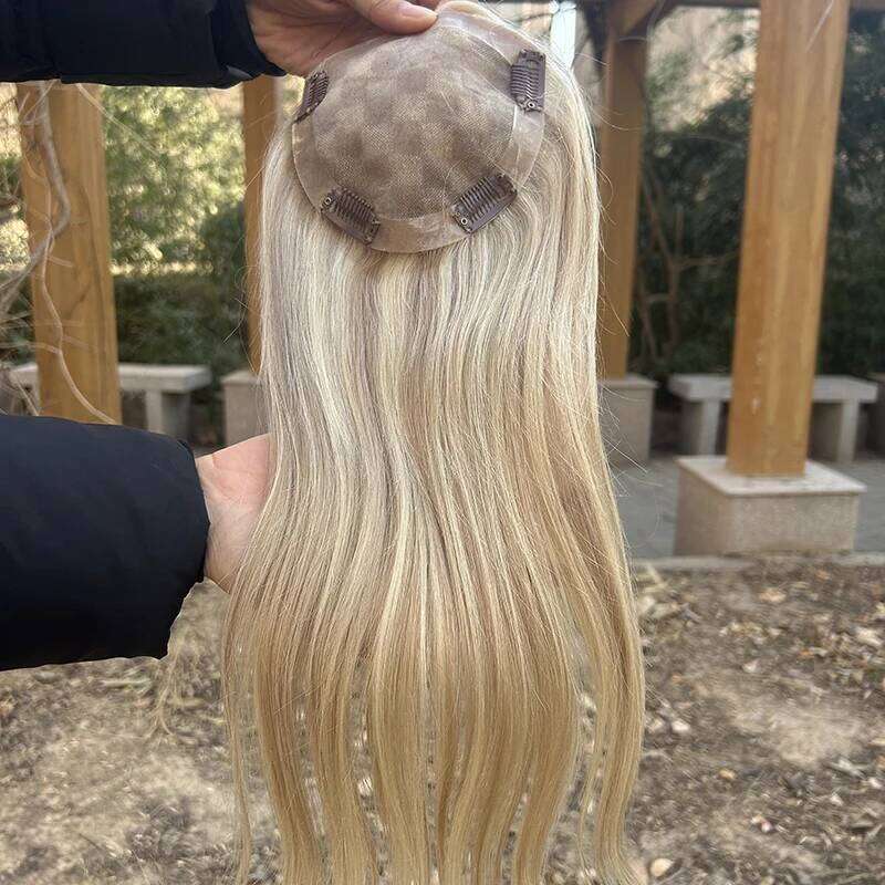 P18/613 5*5 Mono topper Hand tied 16INCH Monofilament PU Toupee with Clip virgin Human hair women Swiss lace base