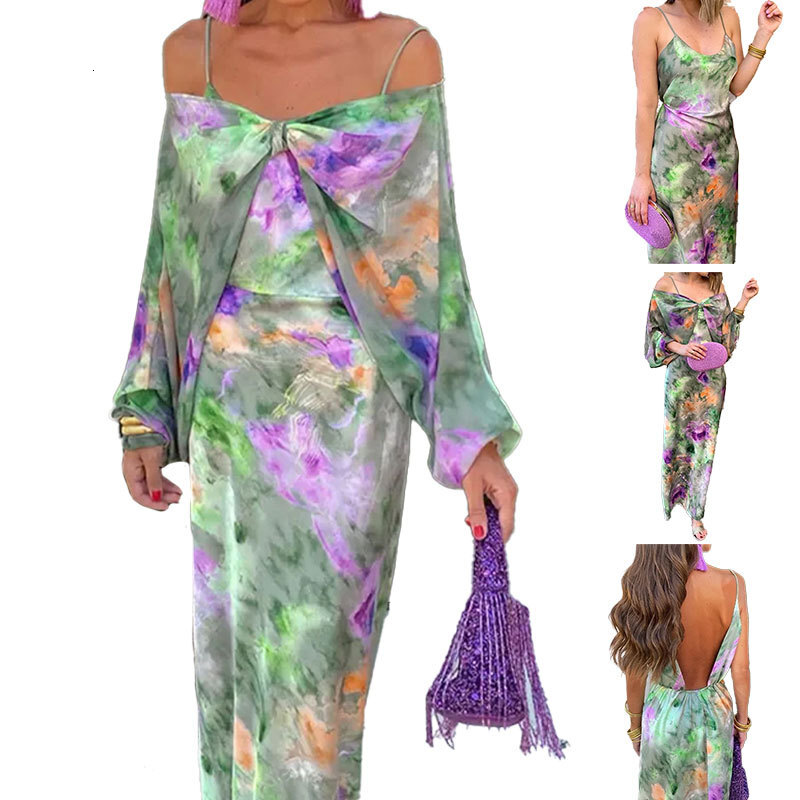 Spring New Womens Fashion Elegant Sexy Off-shoulder Tie-dye Print Strapless Cape Fashion Set for Women