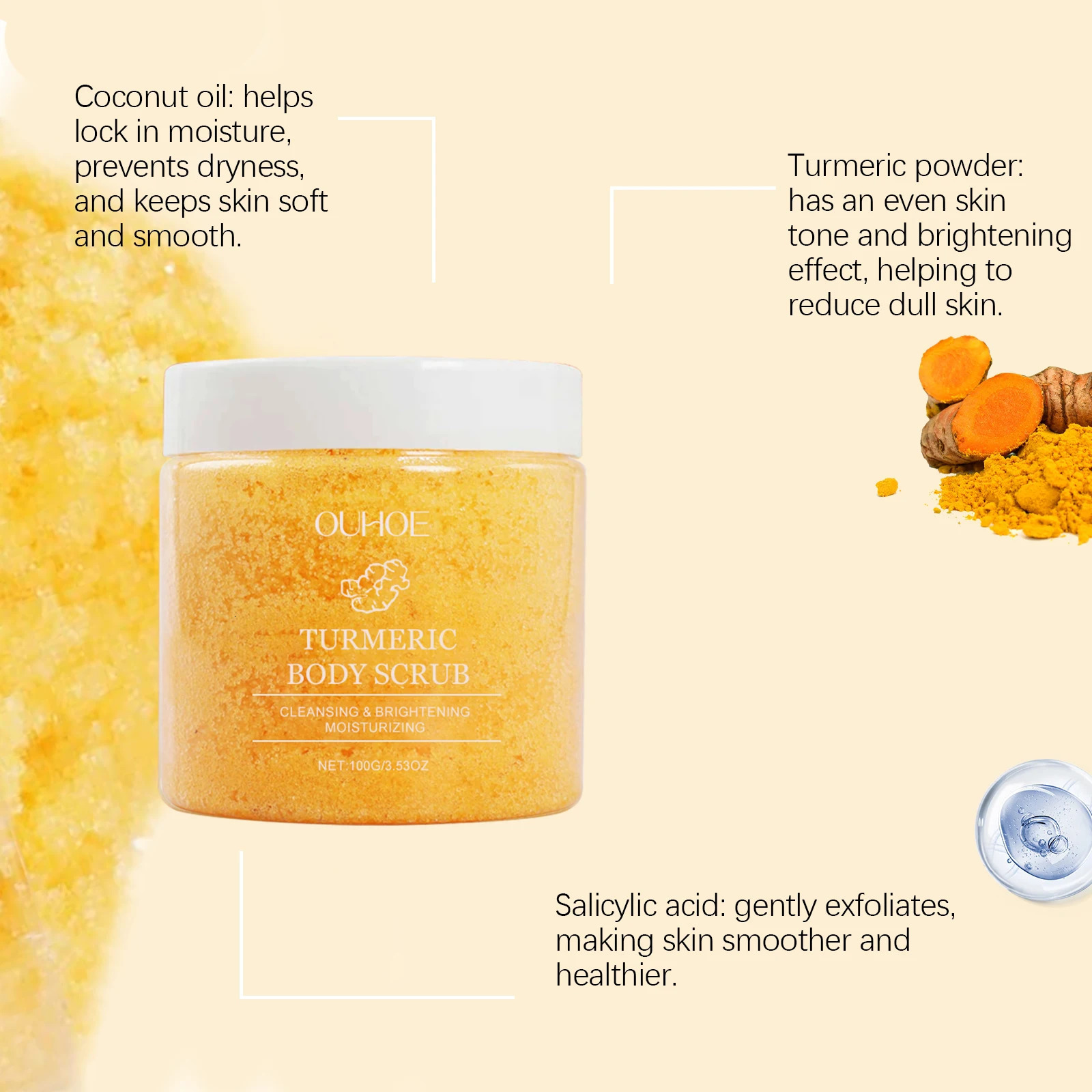 Turmeric Body Scrub Soften Cutin Smooth Skin Moisturizing Brightening Sea Salt Exfoliating Pore Cleaning Lighten Acne 251222