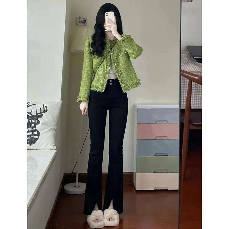Retro Autumn Winter Korean Single Breasted Short Tweed Small Fragrant Style Women's Green Jacket Women Outerwear