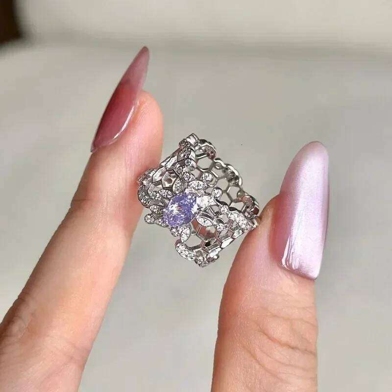 Light luxury taro purple crystal hollow out rings for women exquisite silver 925 drawing butterfly wedding ring fashion jewelry - view 4