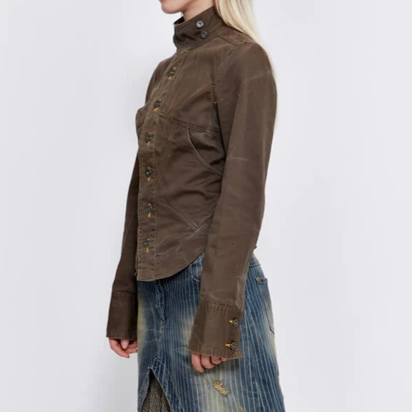 Y2K Dark Brown Jacket Womens Harajuku Sexy Back Lace Up Coats Slim Fit Denim Jacket Gothic Punk Stand Collar Short Zipper Jacket 251223