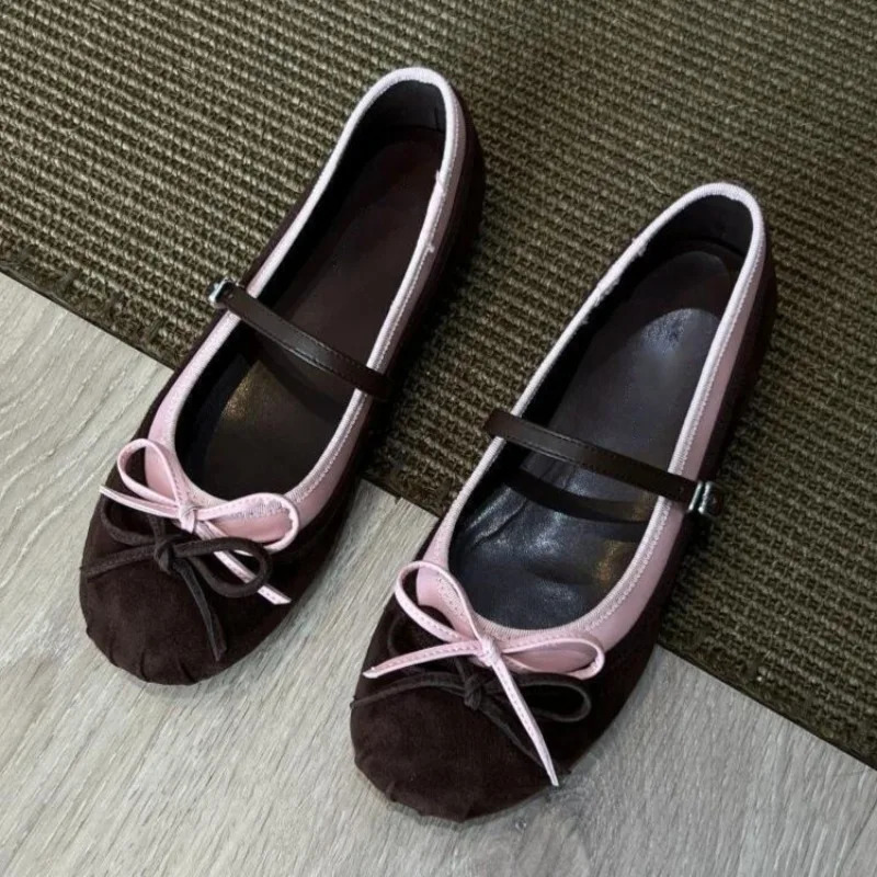 Cute Double Bow Decoration Ballet Flats Women High Quality Suede Patchwork Mary Jane Shoe Cozy Round Toe Soft Bottom Casual Shoe 251230