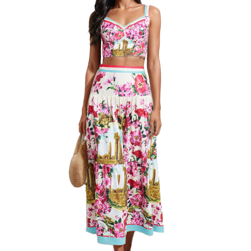 Spring New Womens Sexy Camisole Top Printed Crop High Waist Set