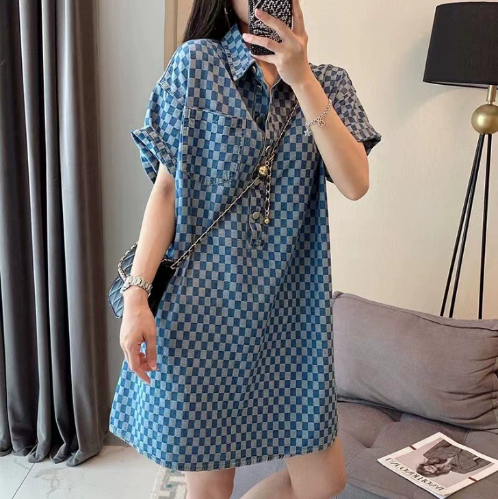 Bluedenim Checkered Dress Womens Summer Arrival Fashionable Stylish Age-Reducing Hong Kong Style Loose-Fit Skirt