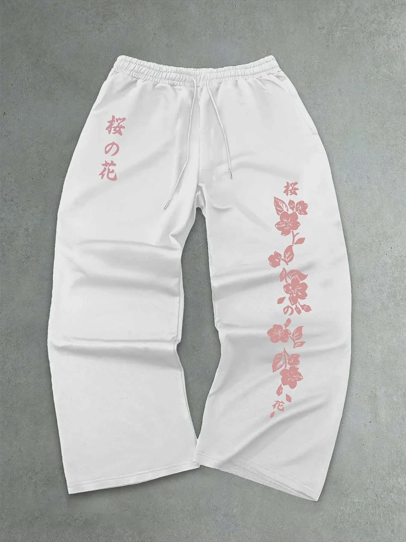 Mens Japanese Sakura Print Black Jogging Pants Pink Floral Pattern Wide Leg Sweatpants Elastic Waist Casual Pants 251231