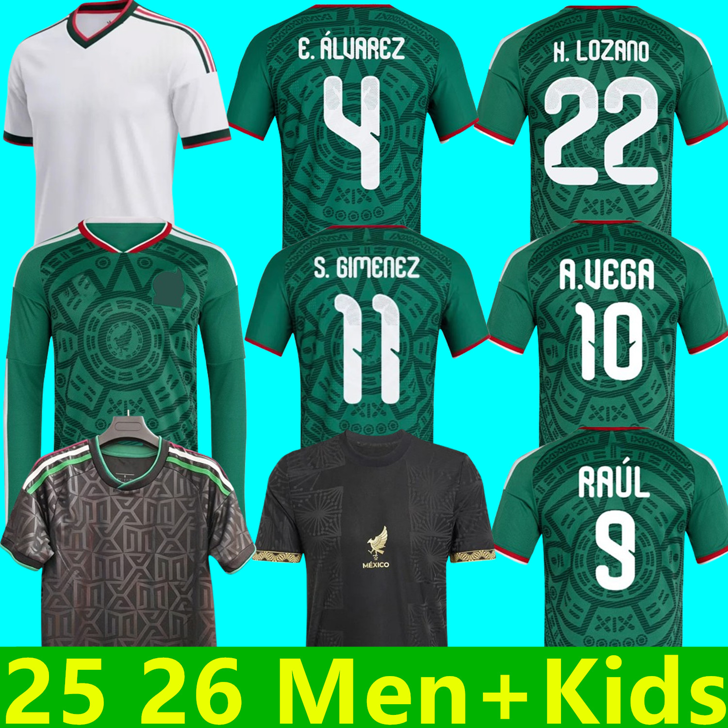 Mexico 2025 2026 soccer jerseys A. VEGA RAUL CHICHARITO H. LOZANO J. QUINONES 25 26 H.LOZANO S. GIMENEZ L. ROMO football kit shirts men and kids sets black gold cup kit uniforms