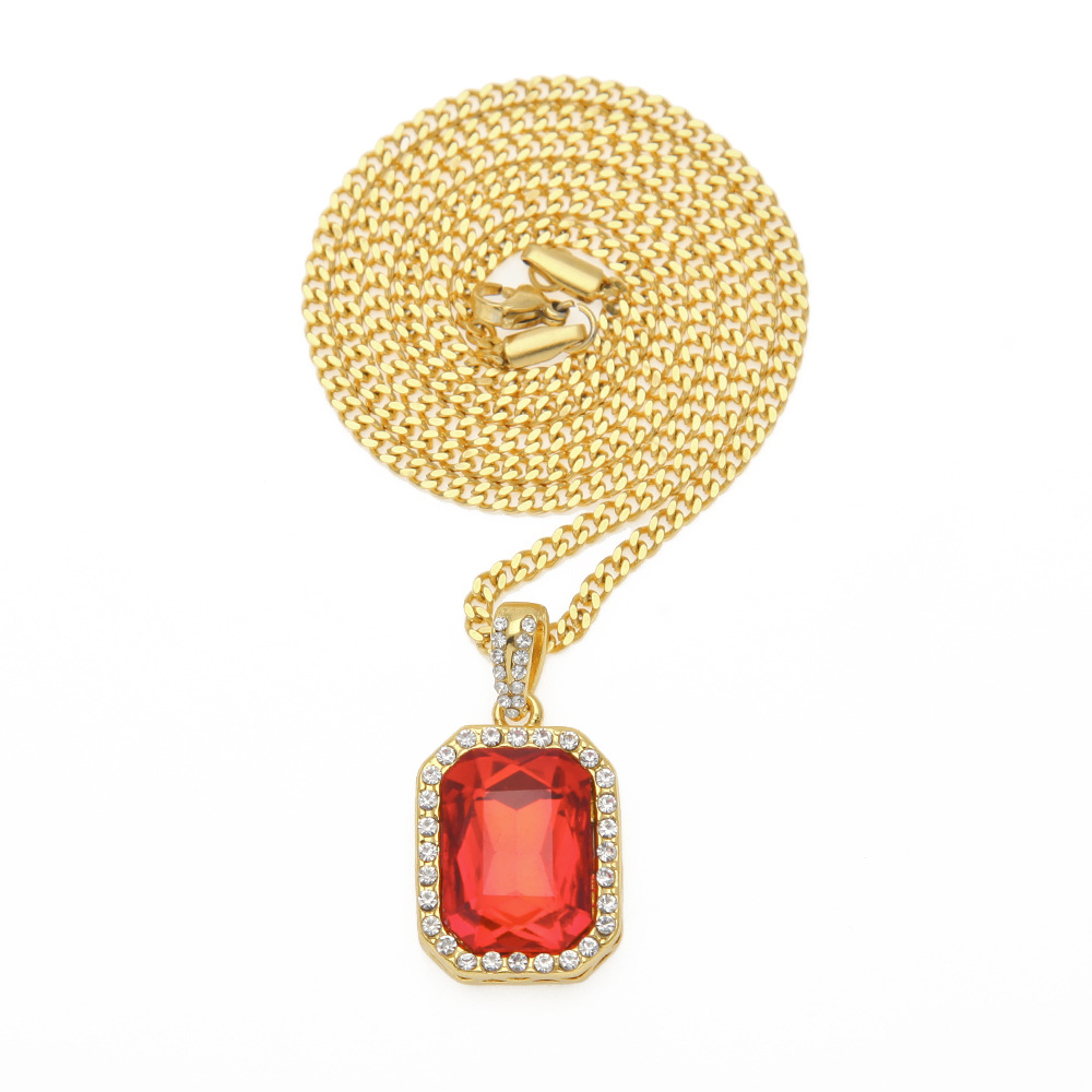 New Trendy Men Necklace Yellow Gold Plated Ruby Pendant Necklaces with Rope Chain Nice Gift for Boy Friend