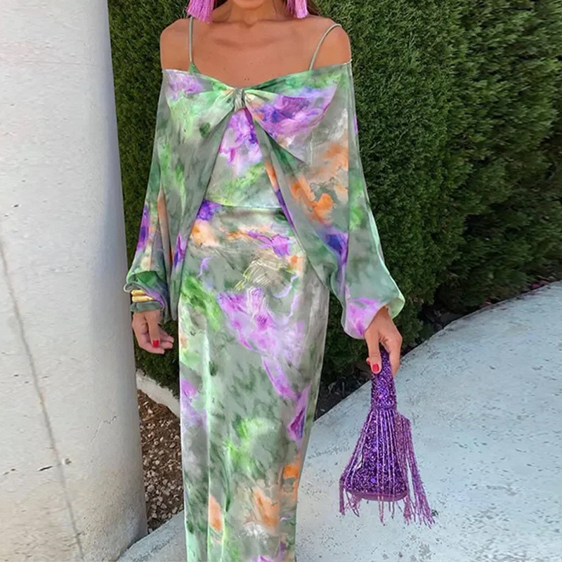Spring New Womens Fashion Elegant Sexy Off-shoulder Tie-dye Print Strapless Cape Fashion Set for Women