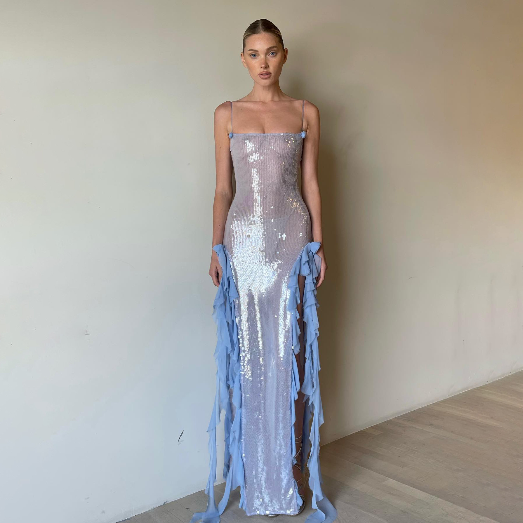 Evening Dress Sexy Sheer Long Dress Sequin Ruffled Dress Three-dimensional Flower Fringe Strap Dress