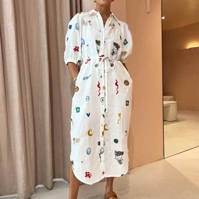 Spring New Womens Fashion Loose Printed Turn-down Collar Tie Bubble Sleeve Shirt Dress Long Dress
