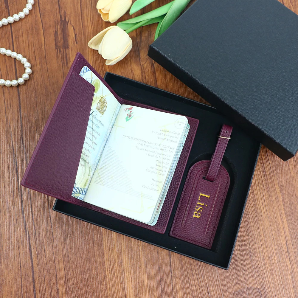 Customized name set unisex Safiano PU leather passport holder and luggage tag gift box 260104