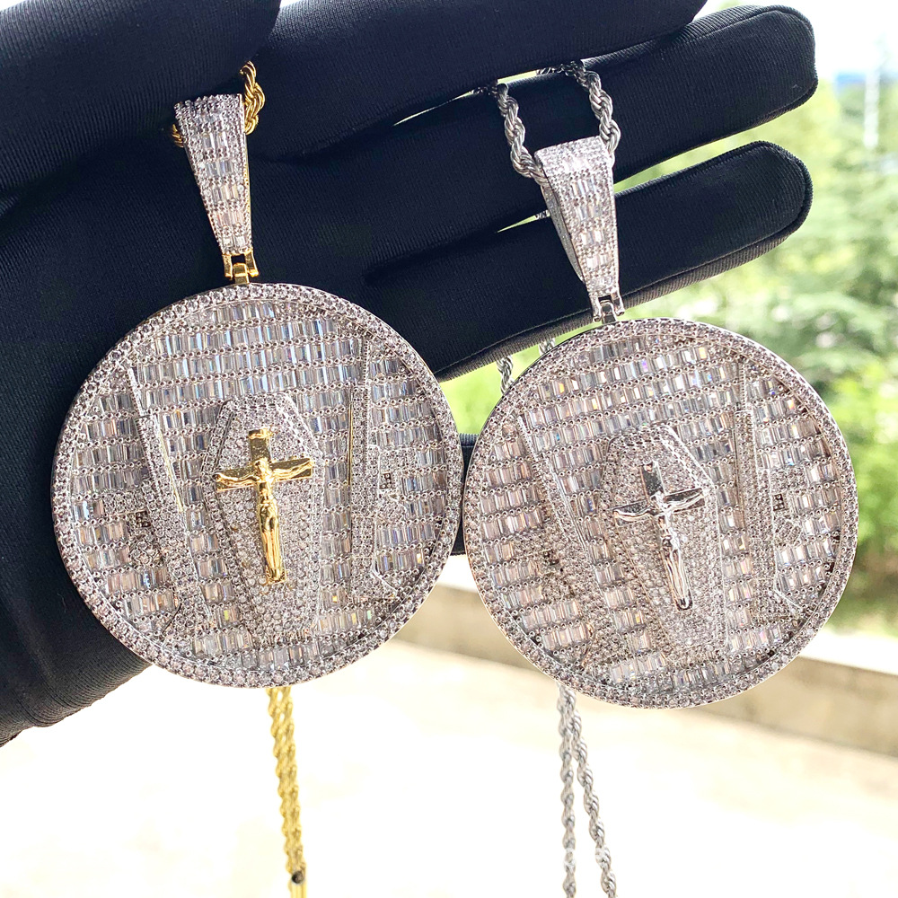 Hip Hop Jesus Cross Pattern Pendants Necklace Bling CZ Diamond Stones Religious Jewelry