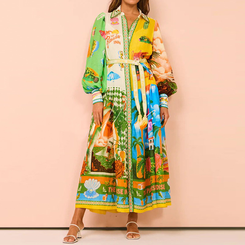 Autumn Womens Fashion Printed Lantern Sleeve Belted Shirt Waist Dress