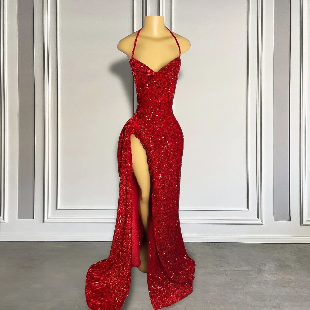 Sparkly Dark Red Prom Dress For Black Girl High Slit Halter Sleeveless Sequins Mermaid Evening Formal Birthday Gowns Robe De Soiree Custom Made J15 B0
