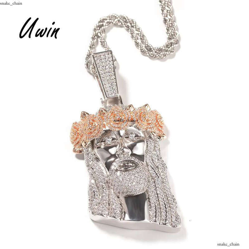 Ice out VVS Moissanite UWIN Gold Rose Flower Christian Hip Hop Large Crown Jesus Face Pendant Necklace for Women and Men
