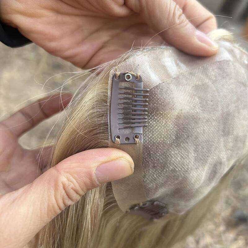 P18/613 5*5 Mono topper Hand tied 16INCH Monofilament PU Toupee with Clip virgin Human hair women Swiss lace base