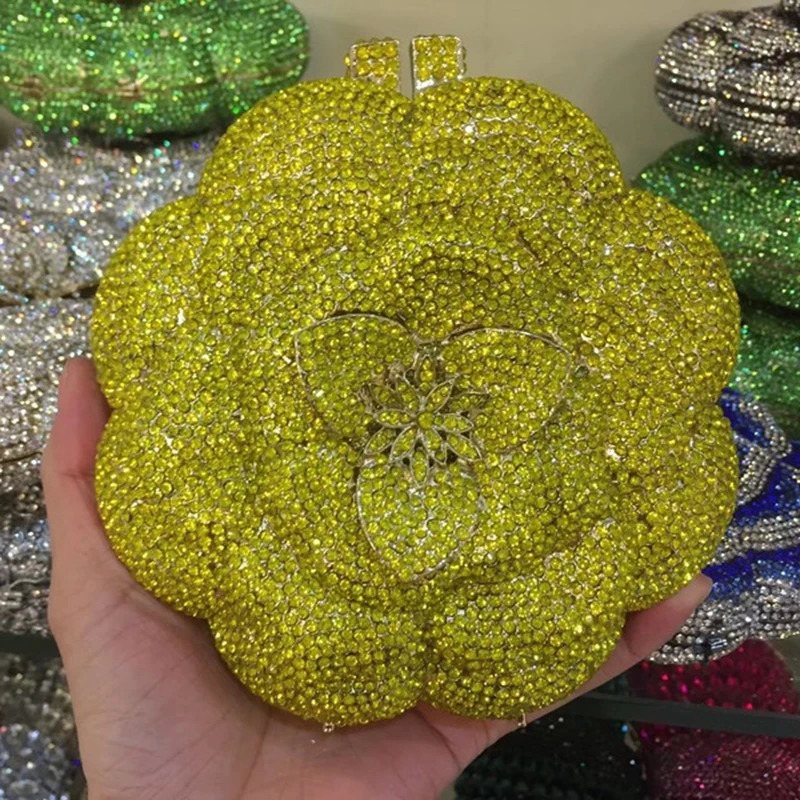 Rose Flower PinkGreen Rhinestones Evening Clutches Women Floral Yellow Crystal Bags Bridal Wedding Party Clutch Purse 251230