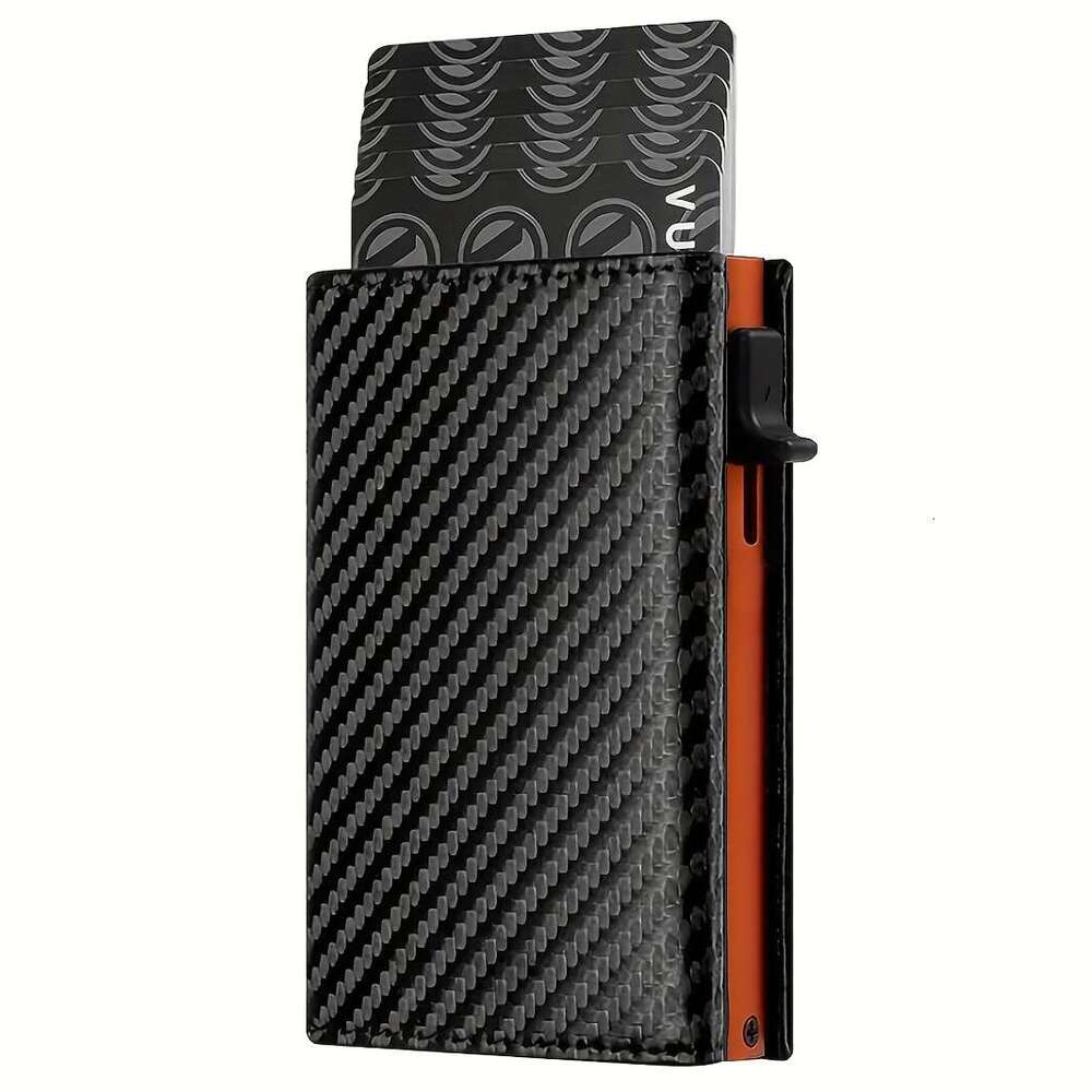 JINXIANGGUO Stylish Pop Up Wallet Black Orange Aluminum Credit Holder Carbon Fiber Microfiber Synthetic Leather Slot RFID Blocking Metal Bank Card Sle