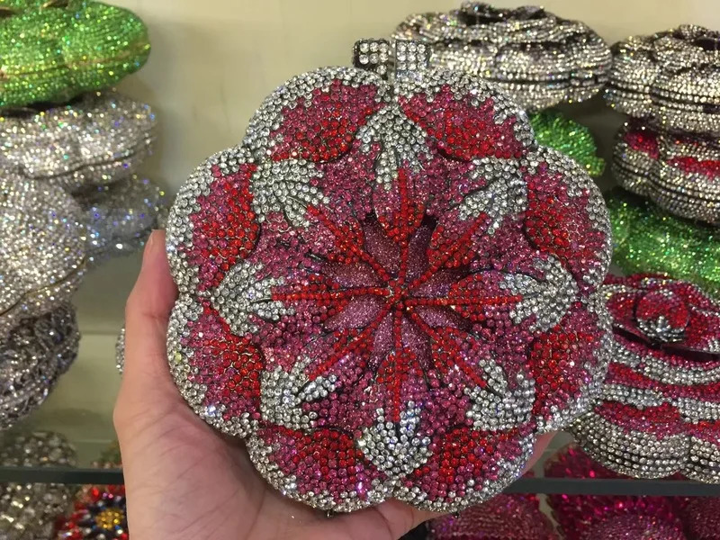 Rose Flower PinkGreen Rhinestones Evening Clutches Women Floral Yellow Crystal Bags Bridal Wedding Party Clutch Purse 251230