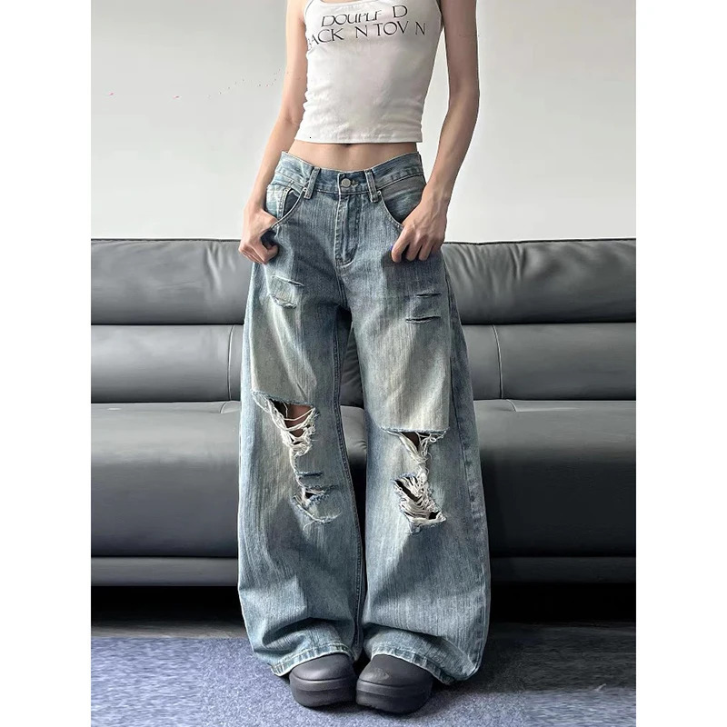 2025 Summer High Waist Ripped Womens Blue Jeans American Vintage Streetwear Y2K Wide Leg Jean 2000s Trouser Baggy Denim Pants 260120