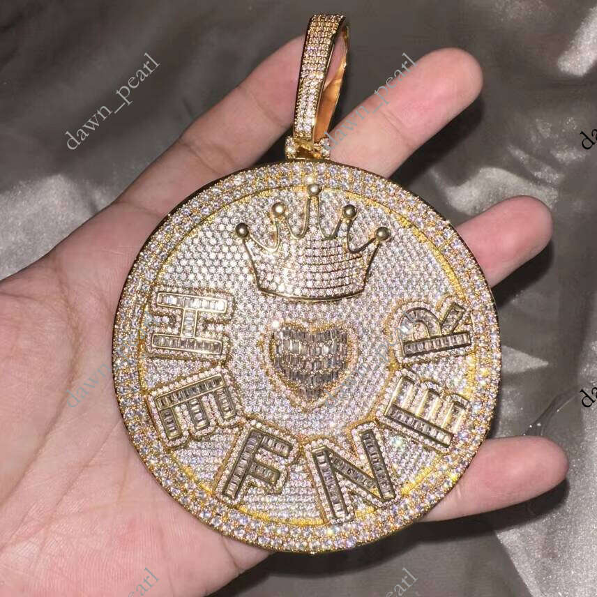 Ice out VVS Moissanite UWIN Full Iced Out Large Round Nameplate Letter Crown Heart Initial Pendant Jewelry