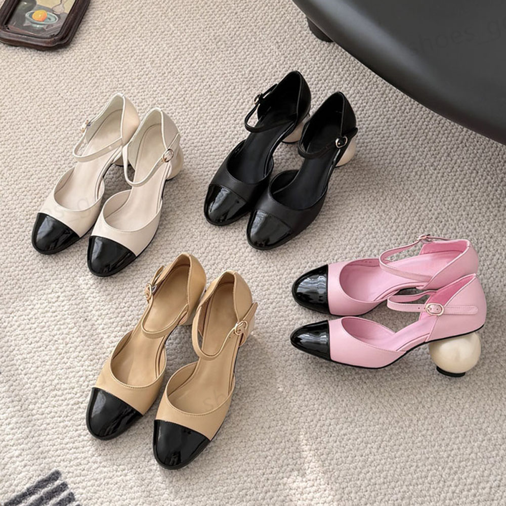 Top quality Pearl heel chunky heel Pumps party shoes buckle Ankle Strap Evening heels women's Luxury Designers shoes with box 35-40
