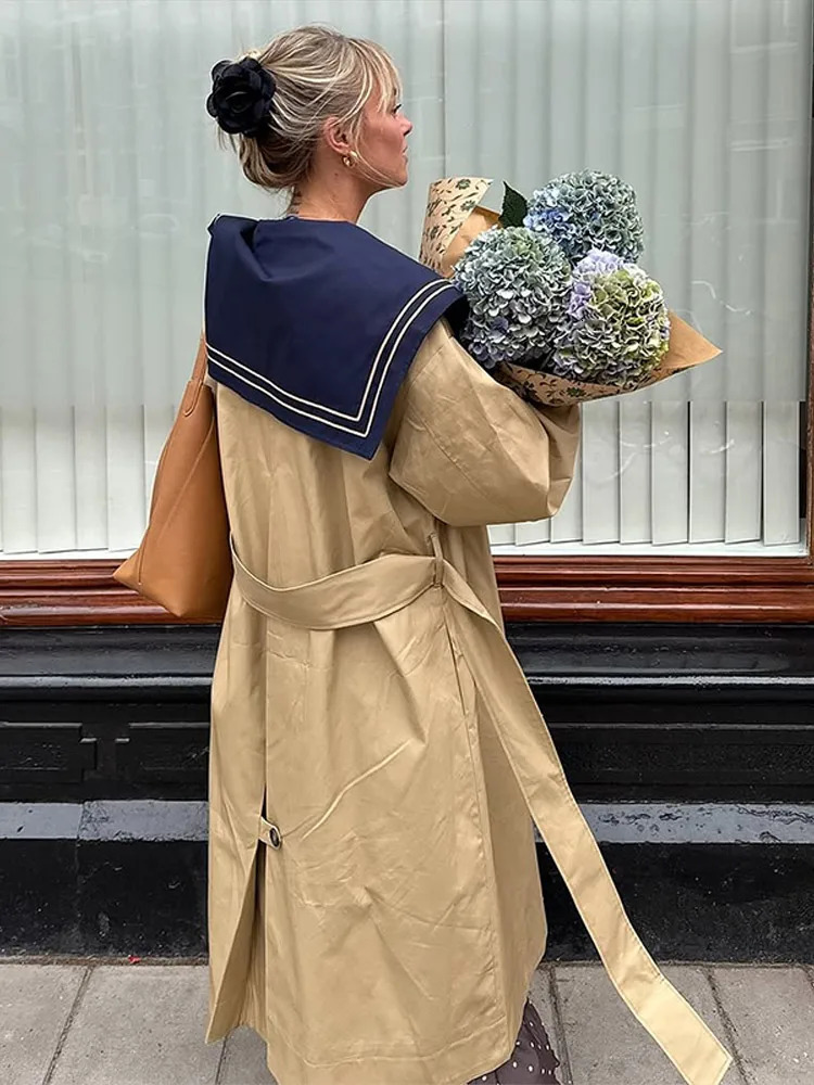 Vintage Womens Long Trench Coat Laceup Jacket Navy Sailor Collar Belt Chic Maxi Outerwear Loose Fit Demiseason Casual Outfit 251231