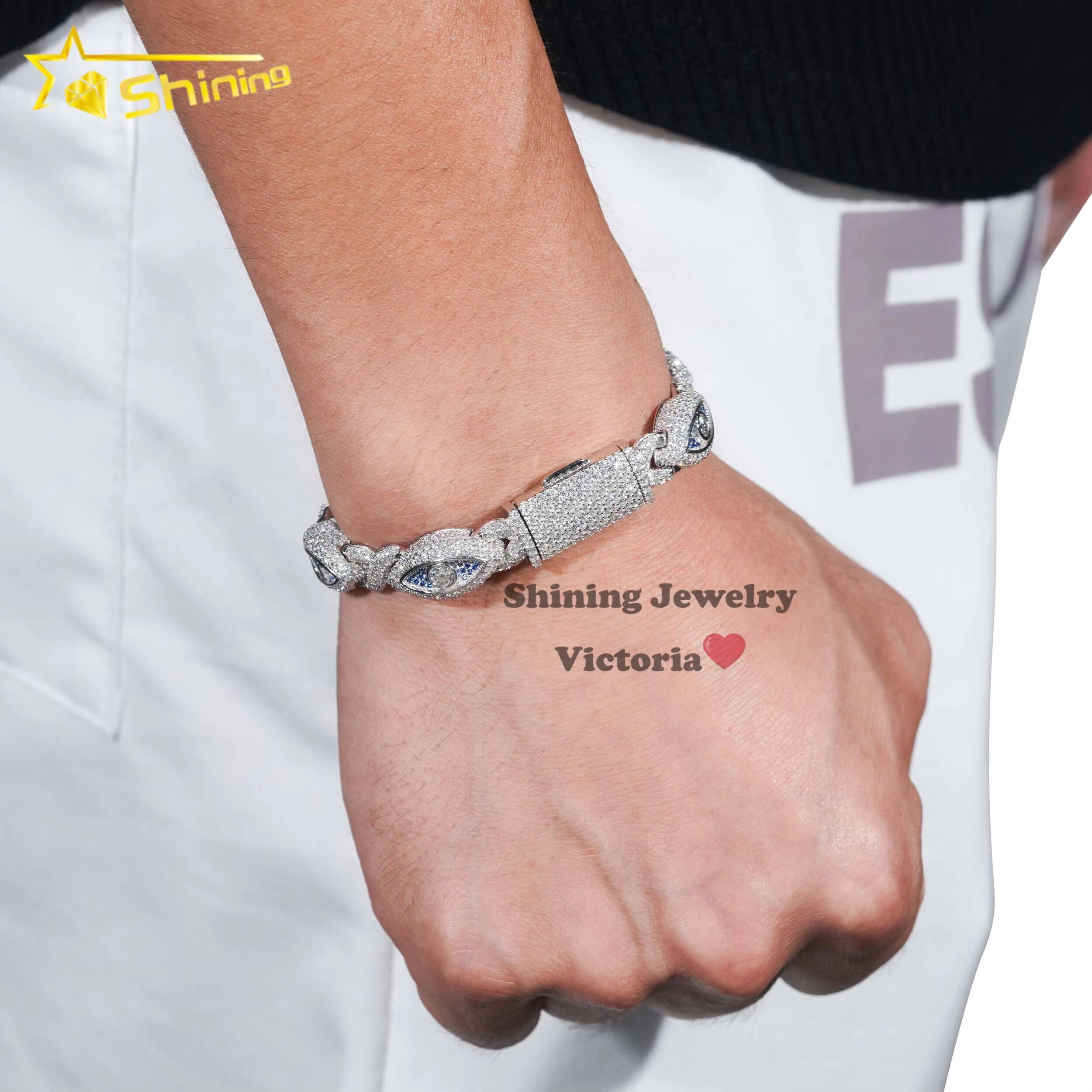 Stylish 8K Gold Plated 925 Sterling Silver Men Hip Hop Jewelry 10MM Moissanite Evil Eye Infinity Link Cuban Bracelet