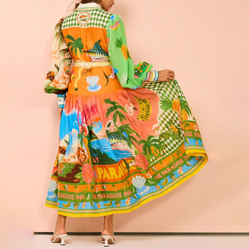 Autumn Womens Fashion Printed Lantern Sleeve Belted Shirt Waist Dress