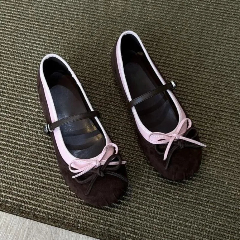 Cute Double Bow Decoration Ballet Flats Women High Quality Suede Patchwork Mary Jane Shoe Cozy Round Toe Soft Bottom Casual Shoe 251230