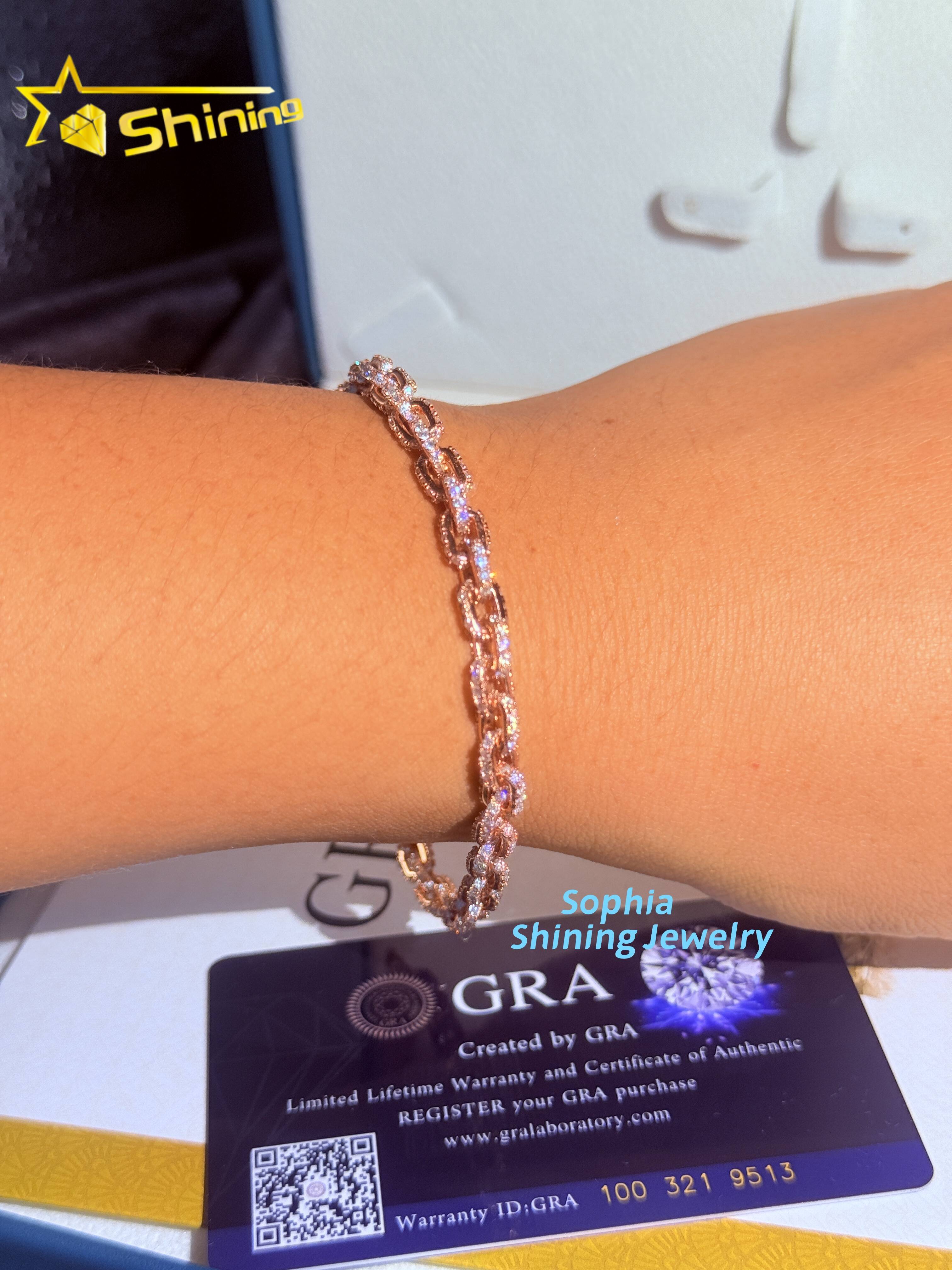 Fashion Sterling Silver 925 VVS Moissanite Lab Diamond Hip Hop Jewelry 14K Real Rose Gold Plated Cuban Link Chain Bracelet