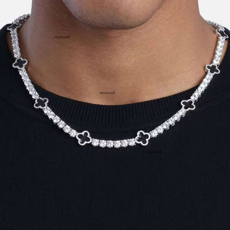 Fashion Jewelry for Women and Men 4mm Hypoallergenic Brass AAAAA CZ Diamond Black Four-Leaf Clover Tennis Necklace