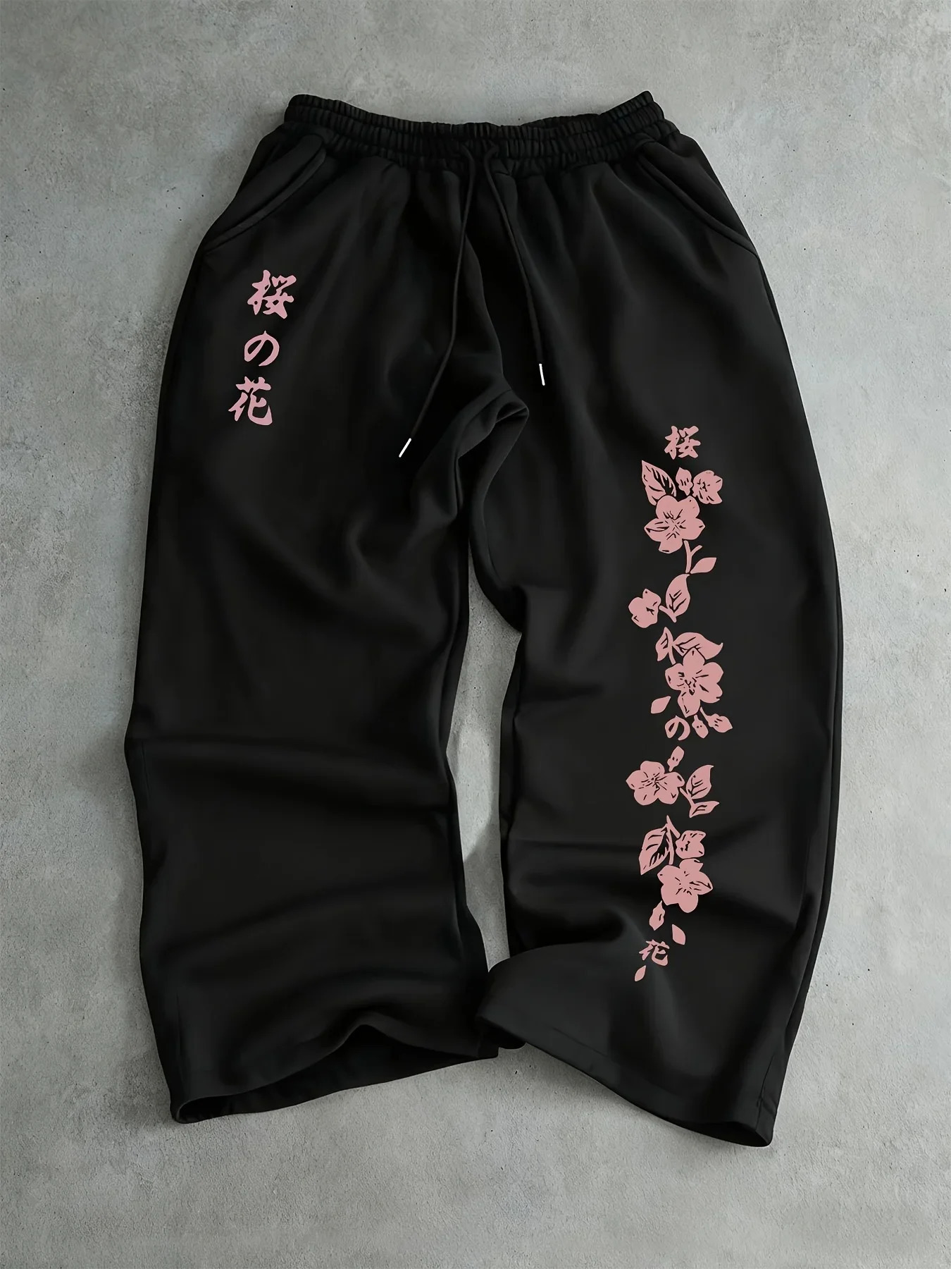 Mens Japanese Sakura Print Black Jogging Pants Pink Floral Pattern Wide Leg Sweatpants Elastic Waist Casual Pants 251231