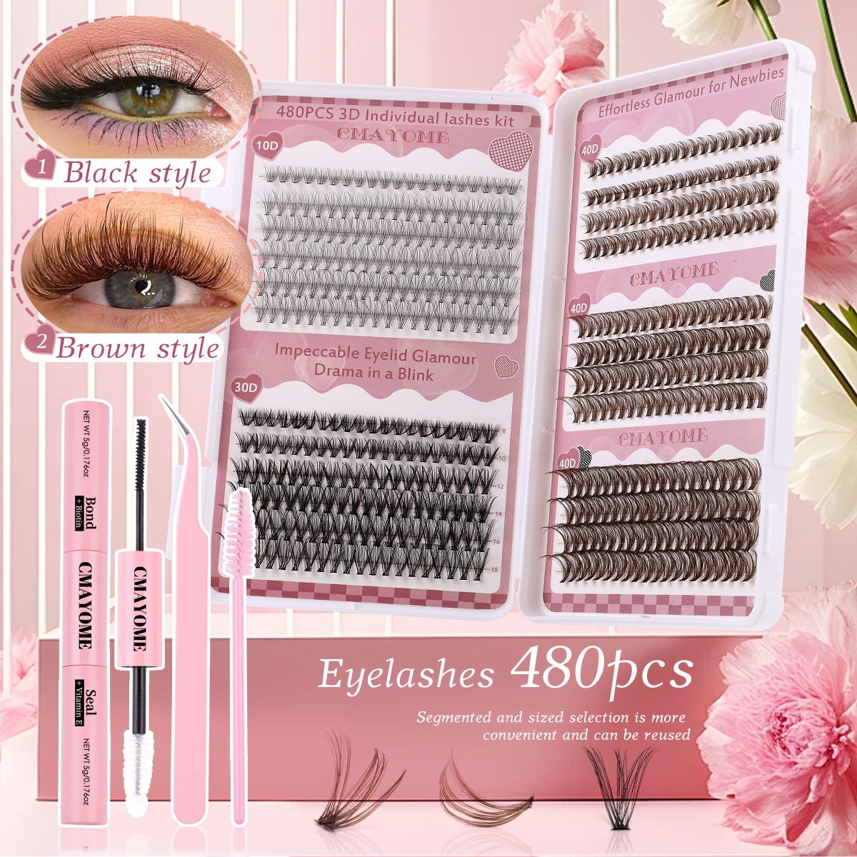 480Pcs Thick Fluffy Individual Eyelashes Black + Brown DIY Cluster Lashes Kit with Lash Bond & Seal Hand Made Reusable D Curled DIY Segmented Eyelash 