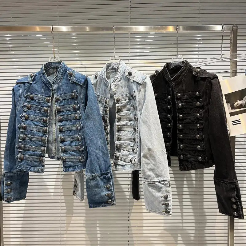 KTCZ 2025 autumn classic metal ribs buckle design shoulder strap washed denim top short jacket 251224