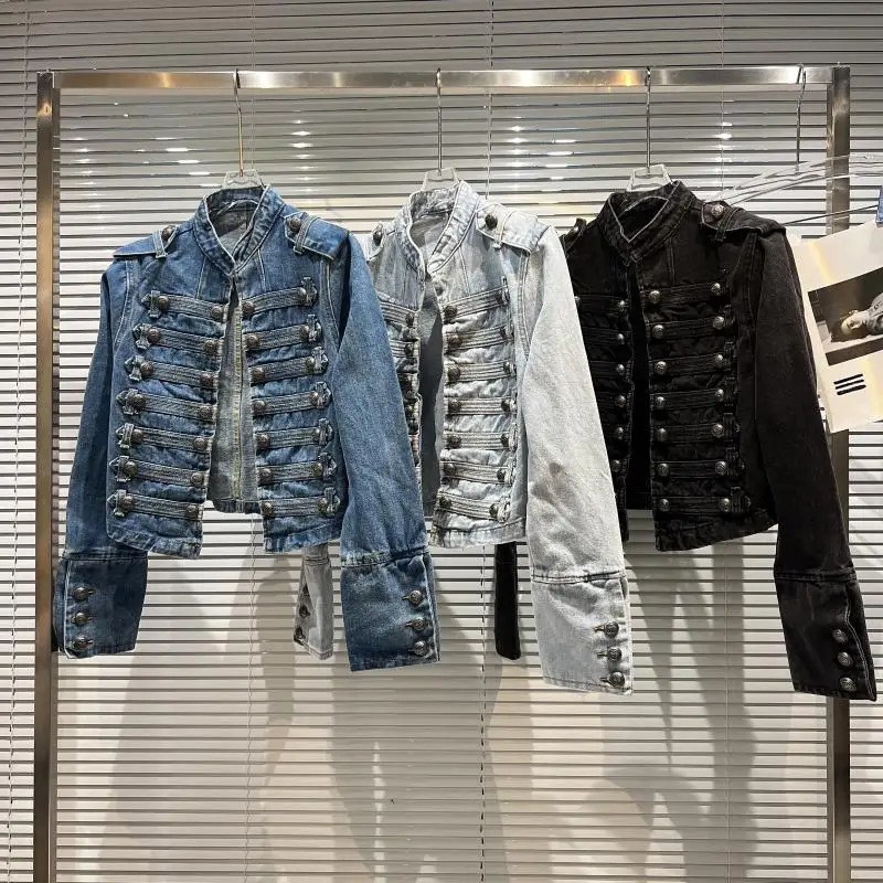 KTCZ 2025 autumn classic metal ribs buckle design shoulder strap washed denim top short jacket 251224